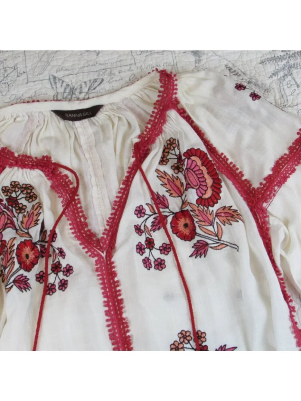 Anthropologie Ranna Gill, Hadley Embroidered Tunic DRESS Ivory, Red Floral, Sz L - Picture 3 of 8
